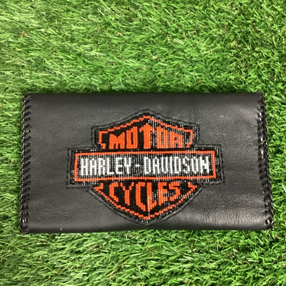 Harley Davidson Beaded Patch on Black Leather Wallet Braided Trim - Picture 1 of 13